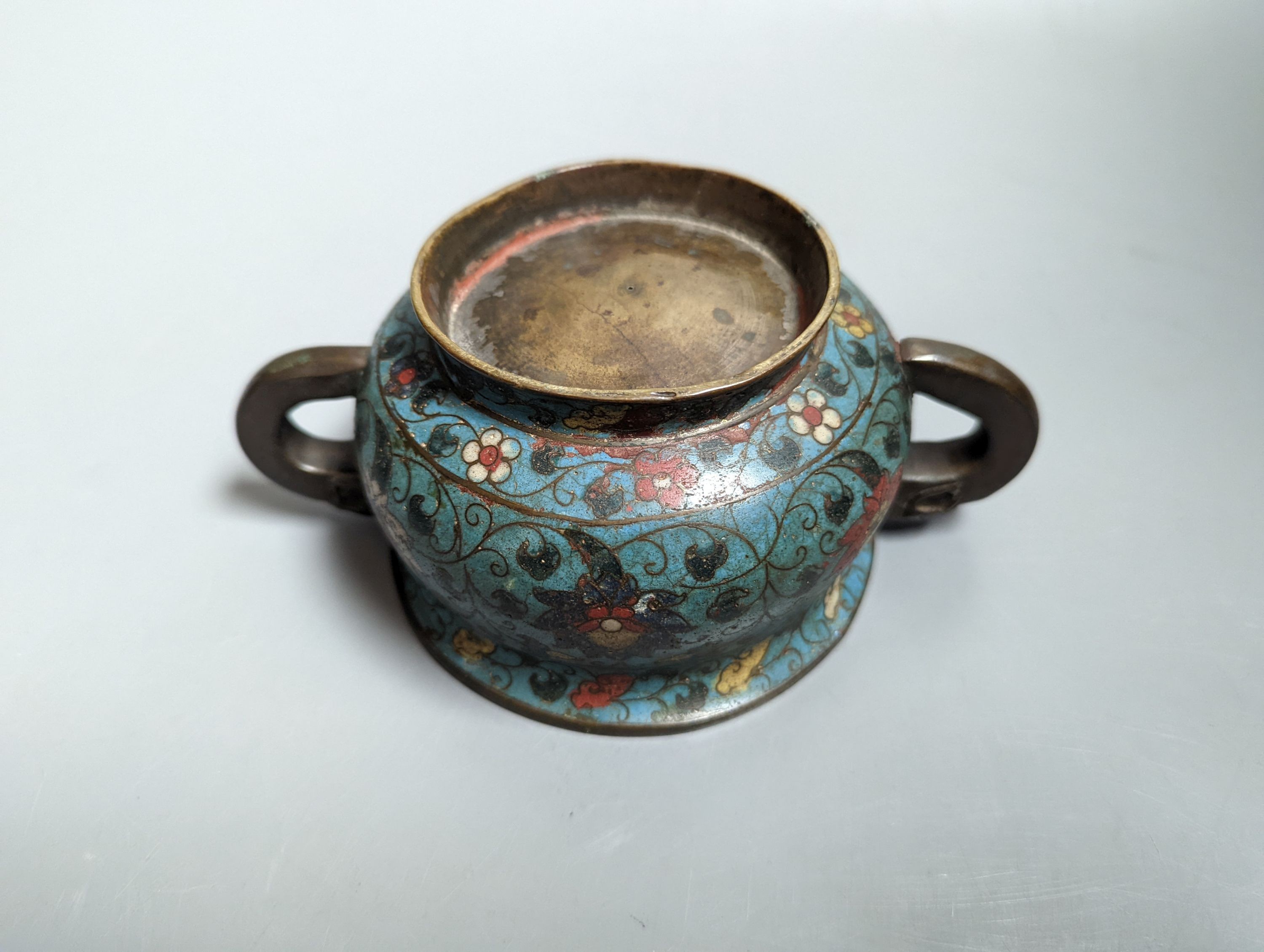A Chinese late Ming dynasty bronze and cloisonné enamel ding censer 18cm